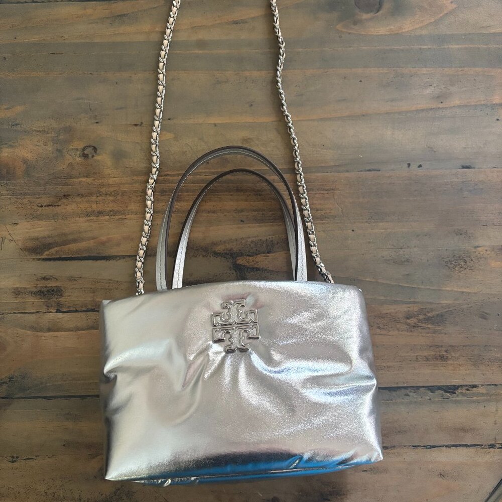 Tory Burch Britten Metallic Silver Puffy Mini Tote Crossbody Purse 171345